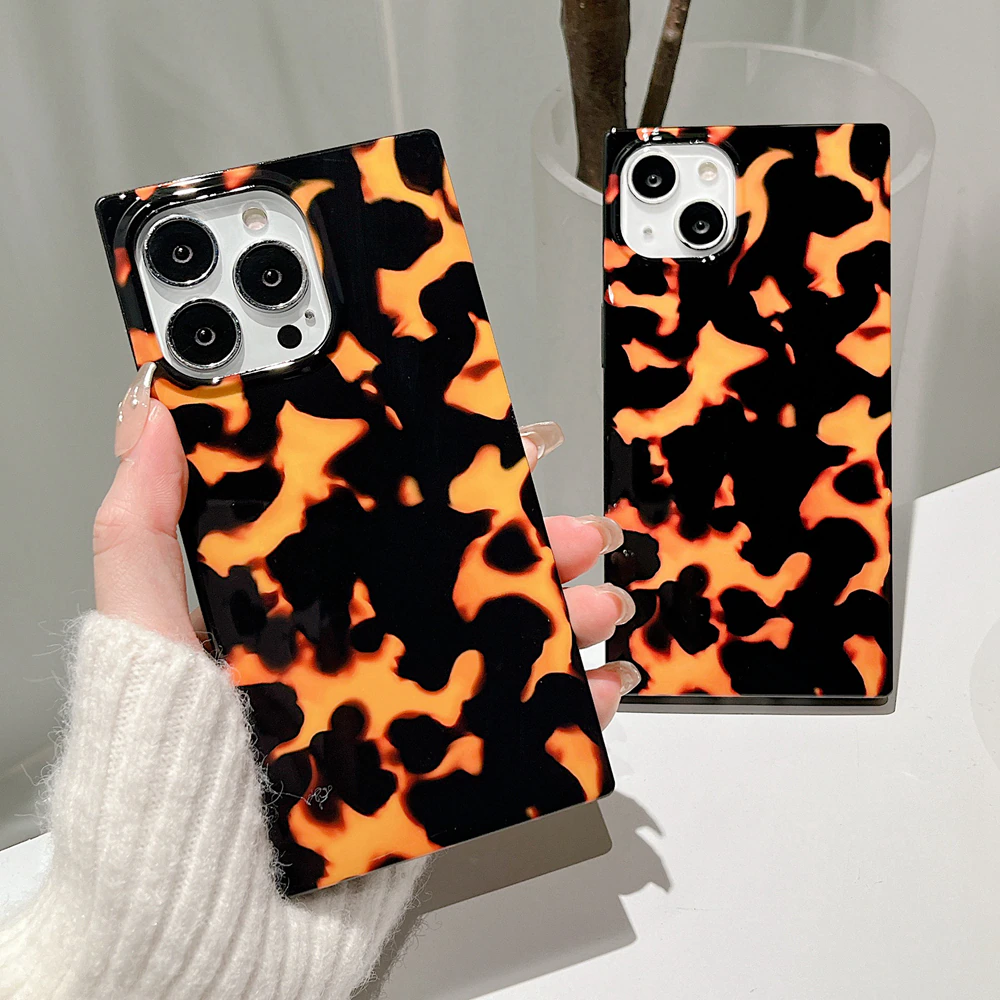 iPhone 14 シリーズ対応 べっ甲柄スクエアケース デミ柄四角ソフトケース