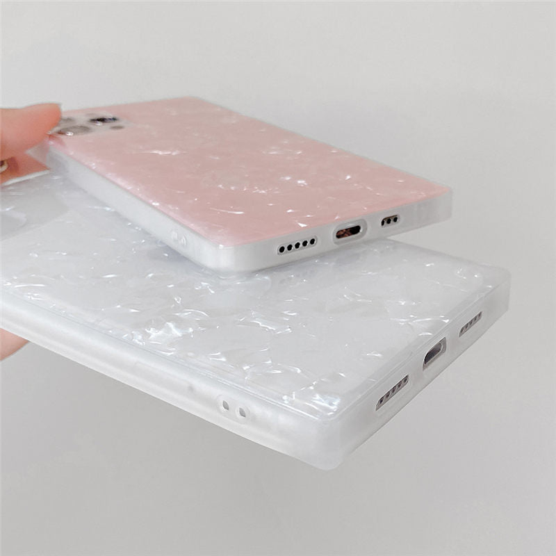 iPhone 14 シリーズ対応 螺鈿柄スクエアケース パール光沢柄四角ソフトケース