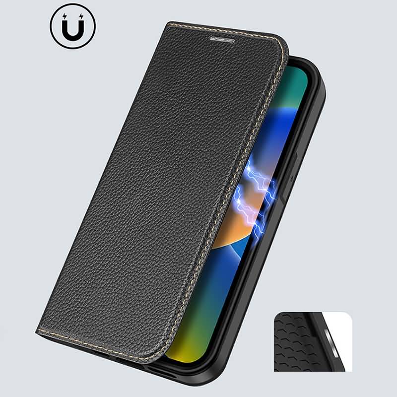 iPhone 14 シリーズ対応 DUX DUCIS社製 高級感のあるPUシボ革手帳ケース 耐衝撃ケース