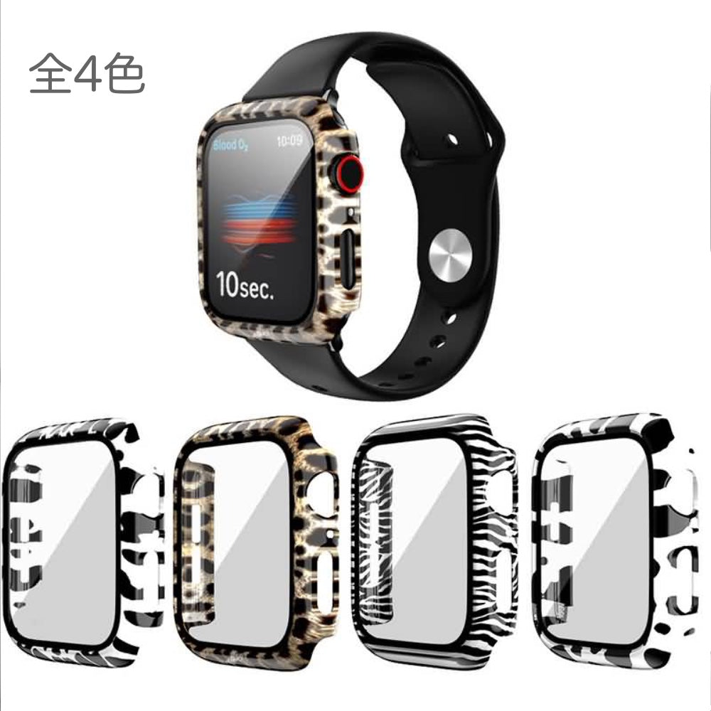 Apple Watch ガラス ケースアニマル柄 40mm.41mm.44mm.45mm 耐衝撃 PU+9H強化ガラス 全7色